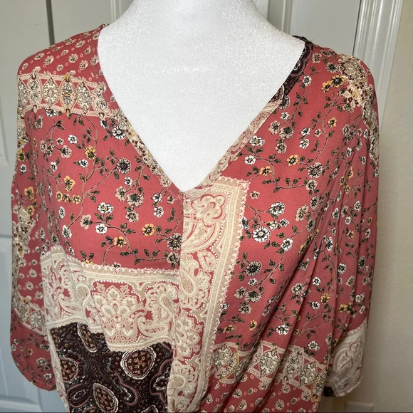 I. Joah V-Neck Tie Front Multimedia Boho  Top, Small - Picture 5 of 8